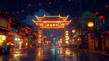 Fototapeta premium Rainy night in asian street with neon lights and umbrellas
