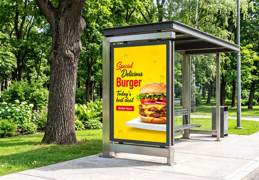 Realistic Bus Stop Billboard Mockup in Green Park
