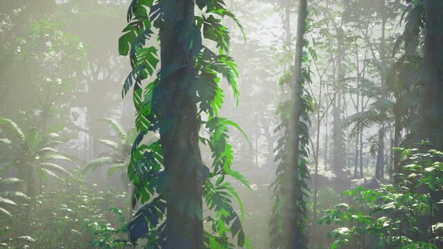 Misty morning light through vines Peru calming scene with soft beams, dew on leaves, restorative atmosphere for wellbeing imagery and background texture