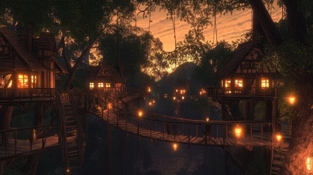 Minecraft treehouse village at night: illuminated forest retreat