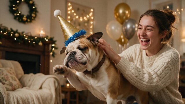 Funny pet resisting New Year's party hat with owner laughing &mdash; perfect for holiday pet content, humorous lifestyle branding, and New Year marketing