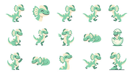 Fototapeta premium Baby Dilophosaurus dinosaur hatchling and cute nursery icons.