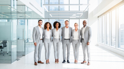 Fototapeta premium Diverse business team standing together smiling inside bright modern corporate office building wearing matching light grey professional executive suits looking forward