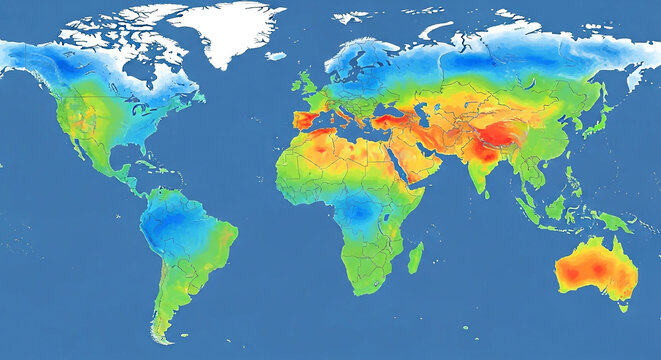 Detailed global climate temperature distribution map with temperature visualization geography meteorology environmental analysis statistics