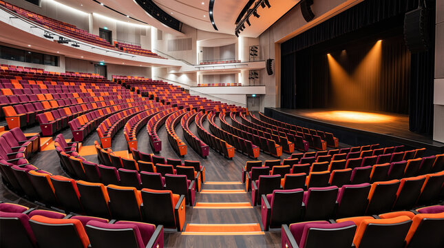 Empty massive indoor performance theater featuring curved rows containing orange seating facing illuminated wooden stage beneath bright overhead acoustic ceiling structures