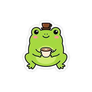 Cute green frog holding coffee cup isolated on white