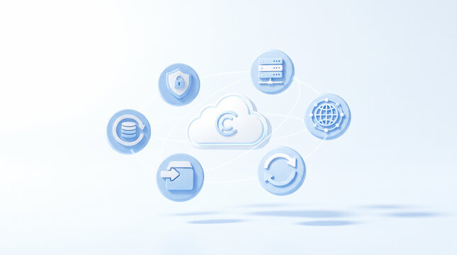 Three dimensional cloud computing logo surrounded by floating digital security server network synchronization icons placed against solid light blue background layout