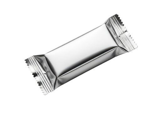 Small silver candy bar wrapper in foil isolated on transparent background