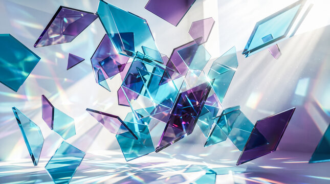 Floating geometric glass shards displaying vibrant blue purple colors refracting bright sunlight across clean white empty room causing beautiful prism reflections