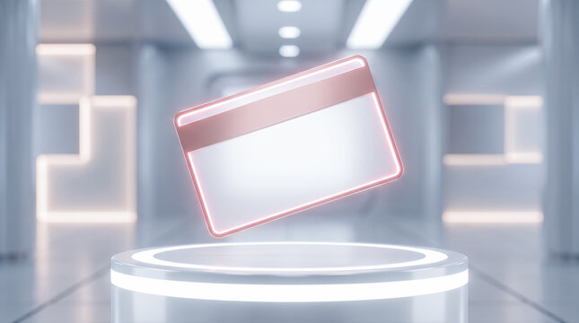 Blank credit card displaying glowing pink neon edges floating above white cylinder podium inside bright futuristic hallway featuring modern illuminated geometric walls