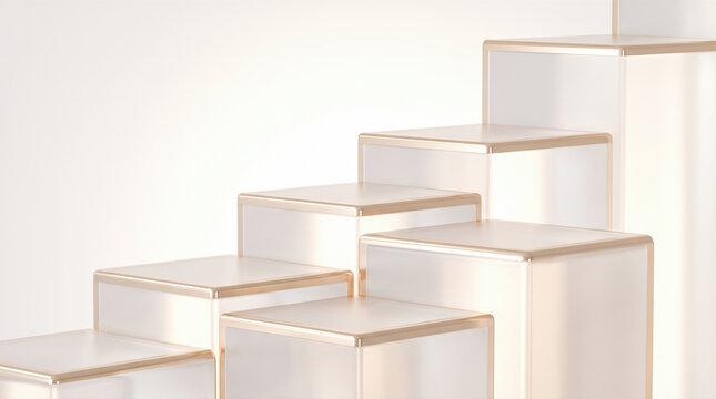 Empty white square steps featuring gold metallic edges stacked diagonally against plain bright background creating minimalist architectural geometric structure for product display