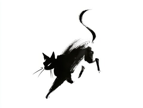 Artistic ink brush painting of a black cat in motion