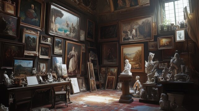 Vintage art studio filled with classical paintings and sculptures