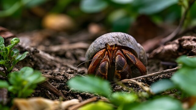 A hermit crab peeks out from its shell amidst green foliage and moist earth on a forest floor
