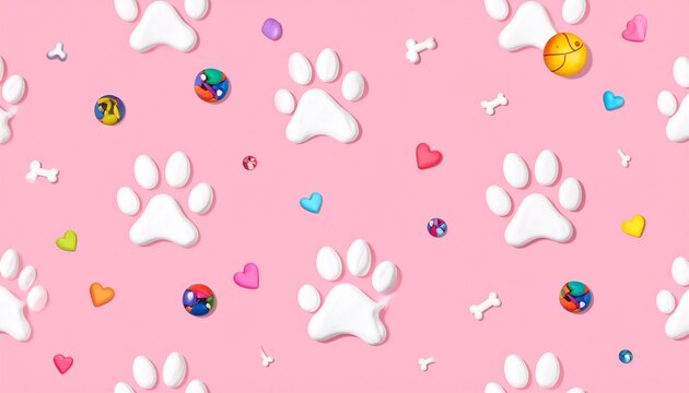 A playful pink pattern of paw prints, bones, and hearts, symbolizing joy, companionship, and the boundless love between humans and pets.