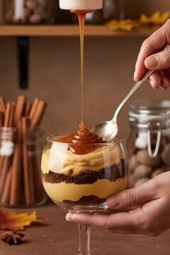Hand Pouring Caramel on Creamy Dessert Glass