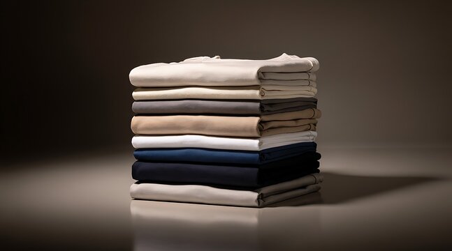 Neatly folded stack of casual t-shirts in various neutral colors.