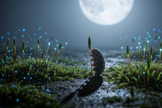Fantasy Macro Shot of a Small Creature in a Glowing Bioluminescent Forest Under Moonlight