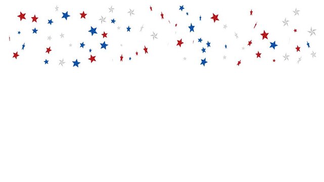 Clean white background with falling 3D red, white, and blue spinning stars along the top edge. This seamless motion graphic loop is perfect for patriotic USA holiday designs.