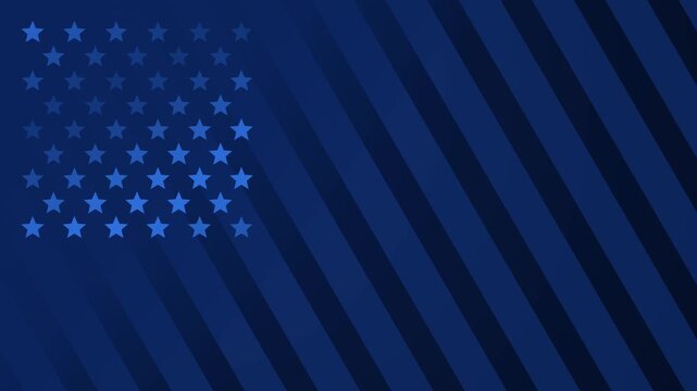 Dark blue monochromatic abstract American flag background with subtle diagonal stripes and glowing stars. This seamless motion graphic loop is perfect for patriotic USA designs.