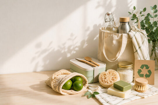 Sustainable zero waste lifestyle with reusable eco friendly products and copy space