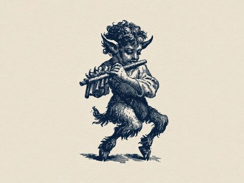 Vintage engraving illustration of a mythological faun playing a pan flute, classic mythological creature sketch