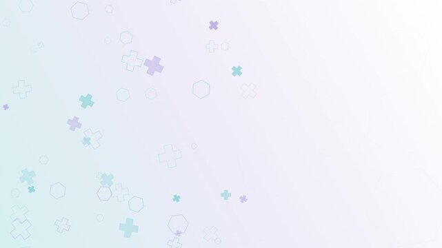 Clean pastel gradient background with falling medical crosses and hexagons. This seamless abstract biology motion graphic loop is perfect for science and healthcare designs.