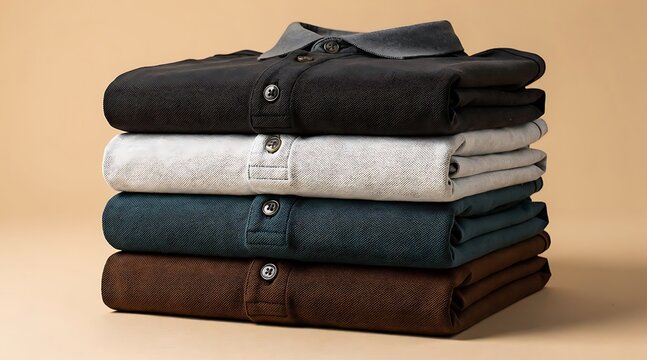 Stack of folded polo shirts in various colors on a plain background.