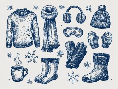 Hand drawn winter clothing and accessories set