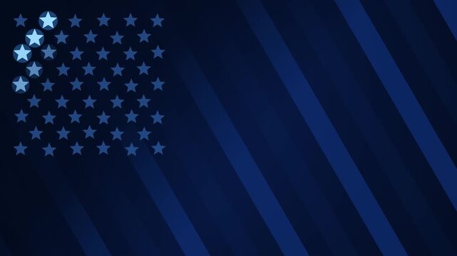Cinematic dark sapphire blue background with diagonal stripes and a glowing sweeping light over stars. This seamless abstract American flag motion graphic loop is for patriotic designs.