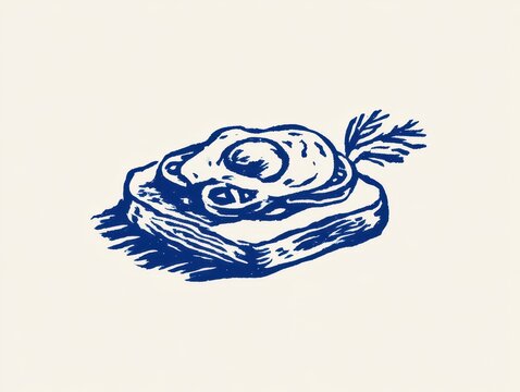 Handdrawn illustration of a fried egg on a slice of toast with a sprig of dill, blue ink sketch style