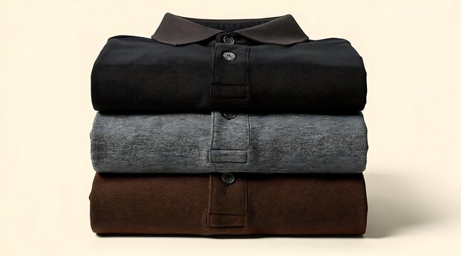Stack of three folded polo shirts in black grey and brown colors.