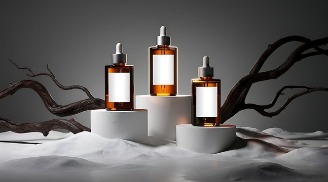 Three amber glass dropper bottles with blank labels on white pedestals.