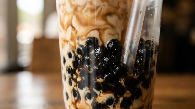close-up of brown sugar milk tea with tapioca pearls in plastic cup