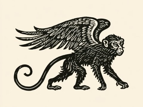 Vintage woodcut style illustration of a winged monkey, a mythical creature with primate features and large birdlike wings, detailed black ink drawing on cream background