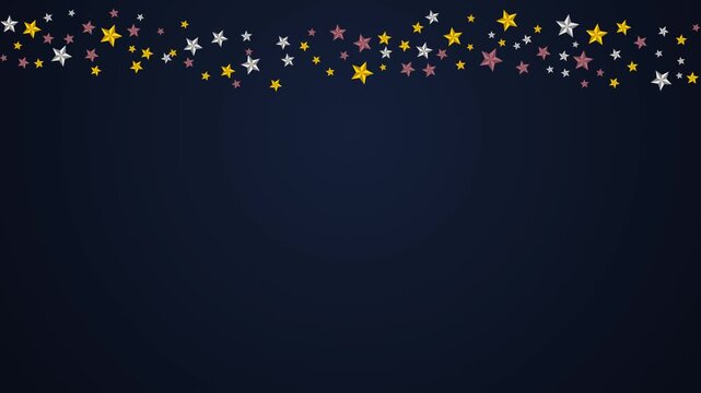 Elegant dark blue background with falling gold and silver stars cascading from the top edge. This majestic seamless motion graphic loop is perfect for holiday and award designs.