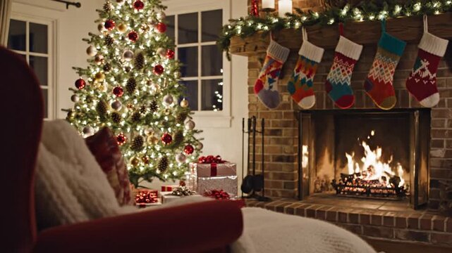Decorated Christmas tree and gifts by fireplace with stockings