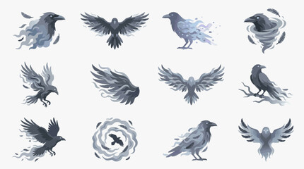 Naklejka premium Pixel art collection of twelve raven and crow icons featuring mystical smoke effects, spirit birds in flight, perching on branches, and ethereal feather transformations on white background.