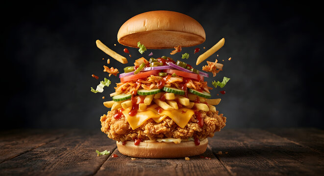 Exploding crispy chicken burger with flying ingredients on a dark rustic wooden table.