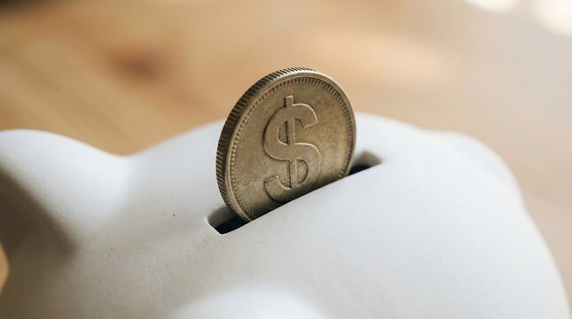 inserting dollar coin into a white piggy bank, financial savings concept