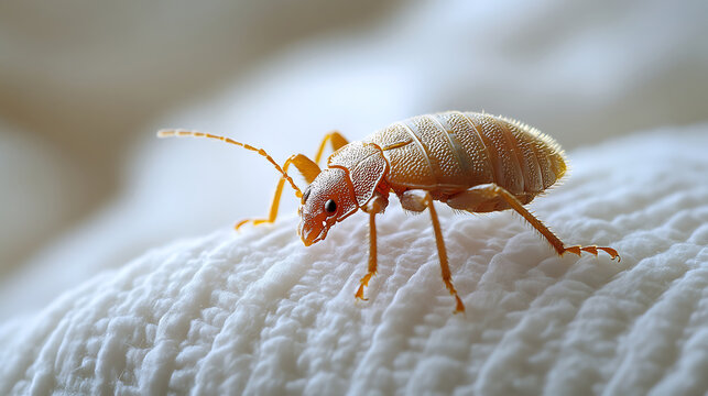 Closeup Macro View of Bed Bug on White Textured Surface.