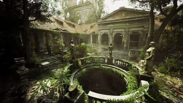 Sunlit fountain circle framed by classical statues and overgrown plants, golden light filtering through broken colonnade, cinematic mood blending heritage