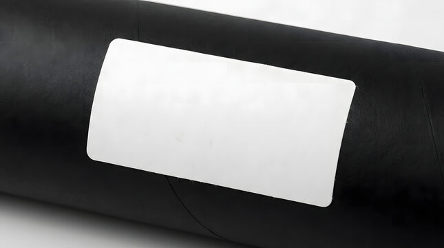 Large black roll of paper or fabric with blank white label affixed on surface.