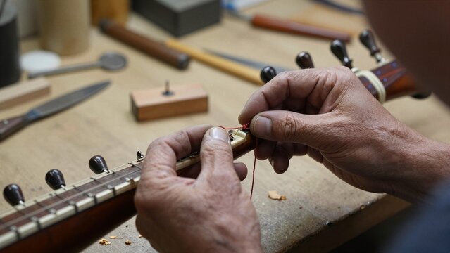 A skilled sitar luthier carefully threads a string through the instrument's tuning pegs in his workshop.