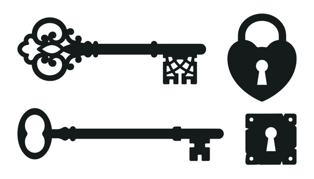 Vintage Key and Lock Silhouette Collection Featuring Ornate Antique Skeleton Keys, Heart Shaped Padlock, and Retro Keyhole Plate Vector Design Elements