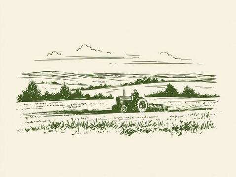 Vintage style illustration of a farmer driving a tractor in a field