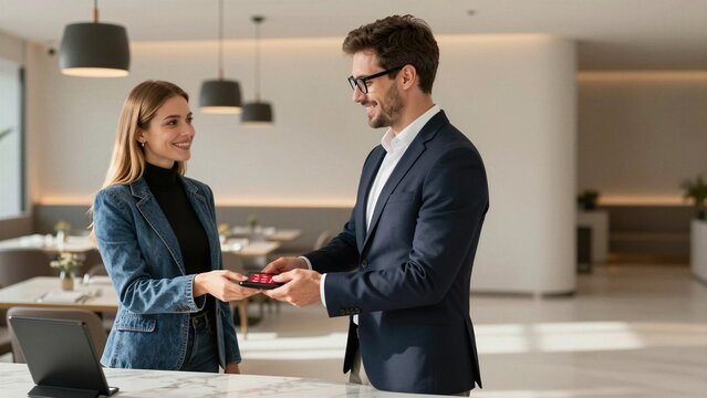 A smiling guest accepts a digital table pager from a hotel staff member in a modern reception area.