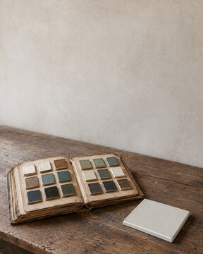 Old Weathered Ceramic Tile Sample Book with Rows of Small Glazed Tile Chips Open on a Wooden Table Beside a Single Brand-New White Glazed Tile, Corporate Heritage and Innovation Branding Background wi