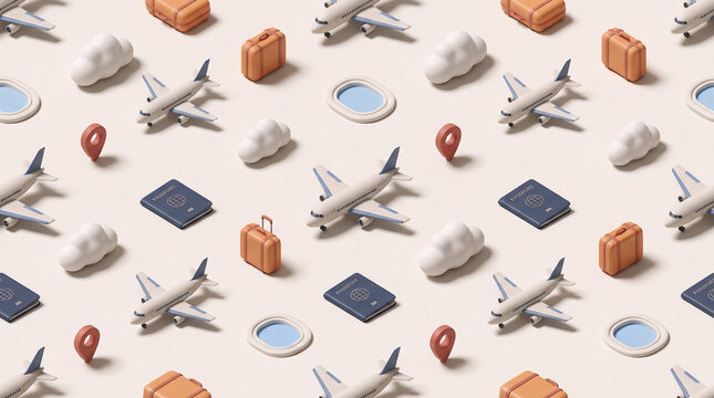 Minimal 3D Airplane and Travel Objects Seamless Pattern