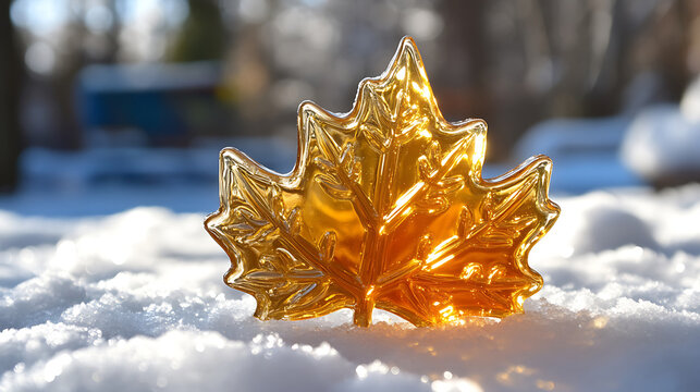 Golden Maple Leaf Candy Resting in a Snowy Winter Landscape